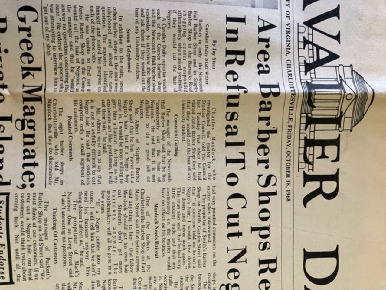 Cavalier Daily- barbershops refuse to integrate